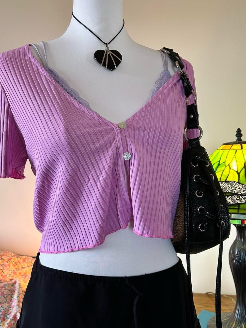 Pink Ribbed V-Neck Cropped Button Front Top - Picture 7 of 8